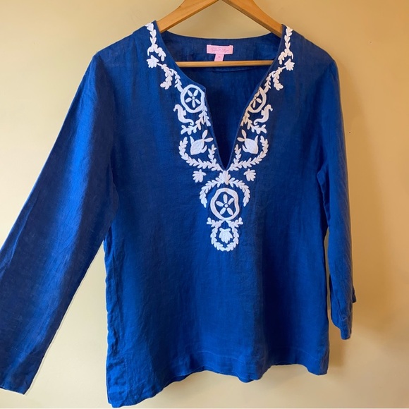 Lilly Pulitzer Blue Embroidered V Neck 100% Linen Blouse Women’s Size Medium - Picture 2 of 13